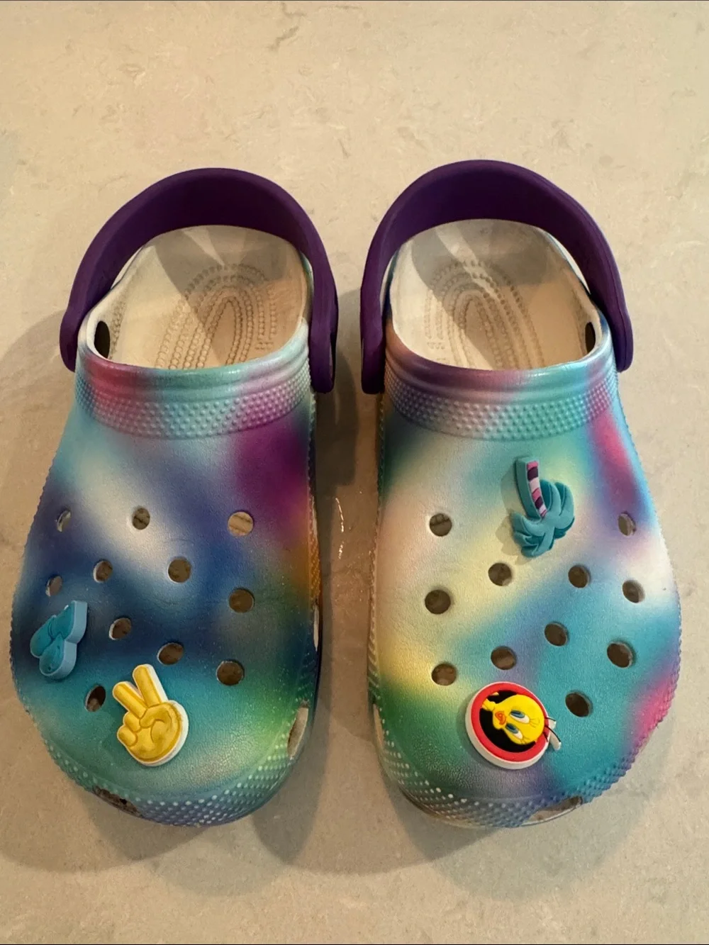 CROCS Classic Kids Tie-Dye Clogs with Purple Heel Strap Size J4